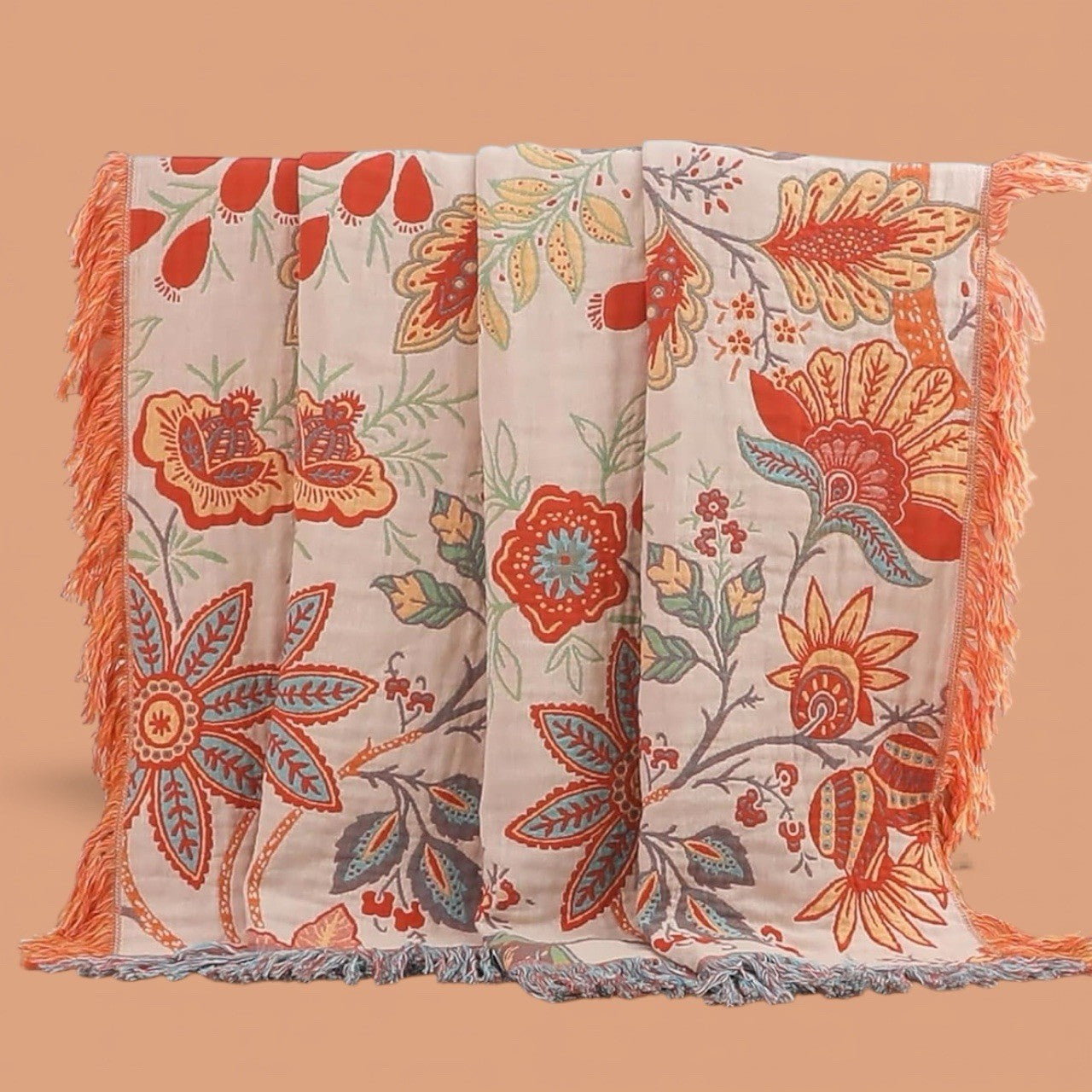 NEW XL Coral & Green Reversible Boho Fringe Blanket Bedspread Quilt - 80" x 90"