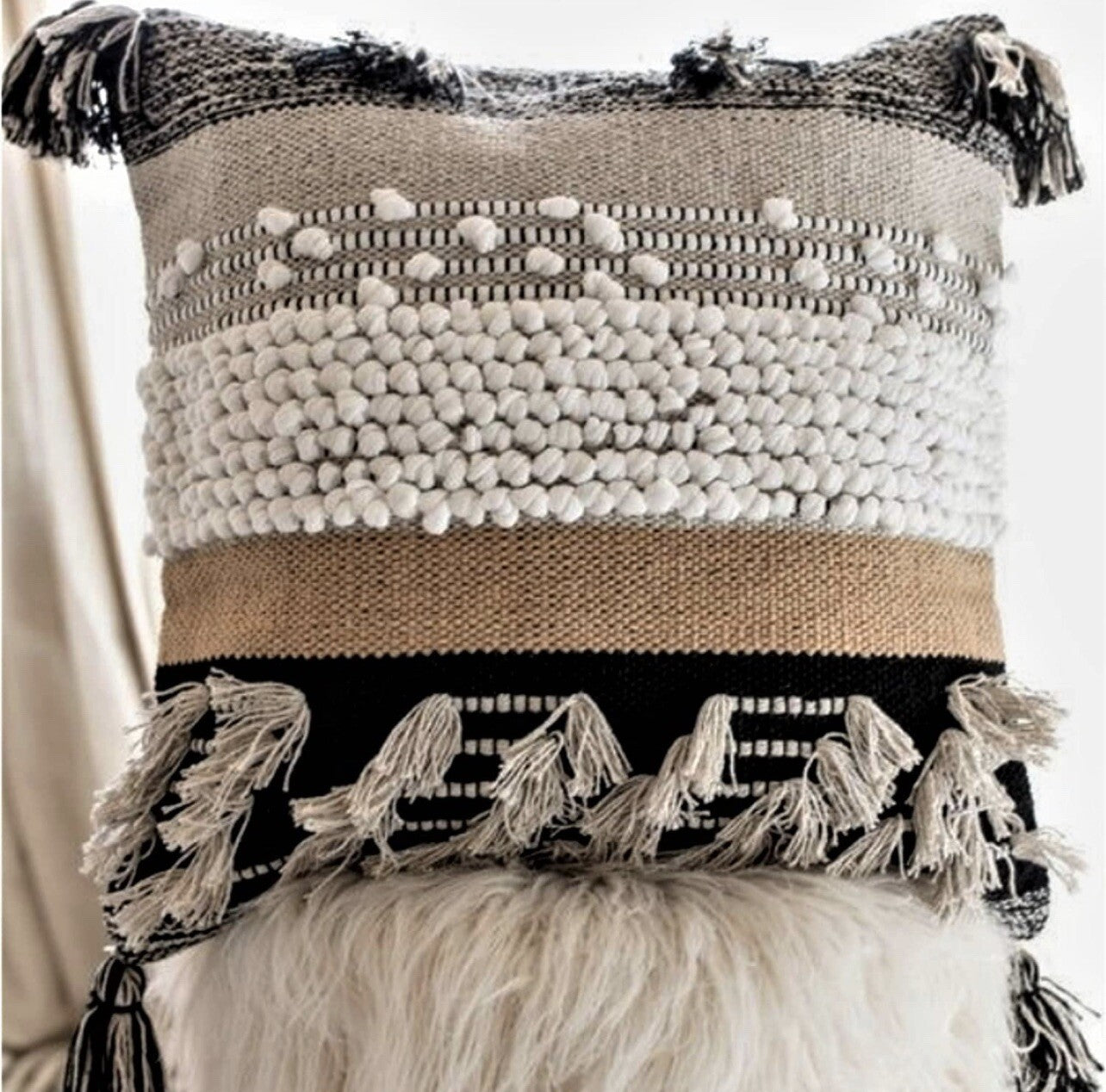 NEW West Elm Boho Pom Pom Tassel Throw Pillow Case Cover Sham - 18" x 18"