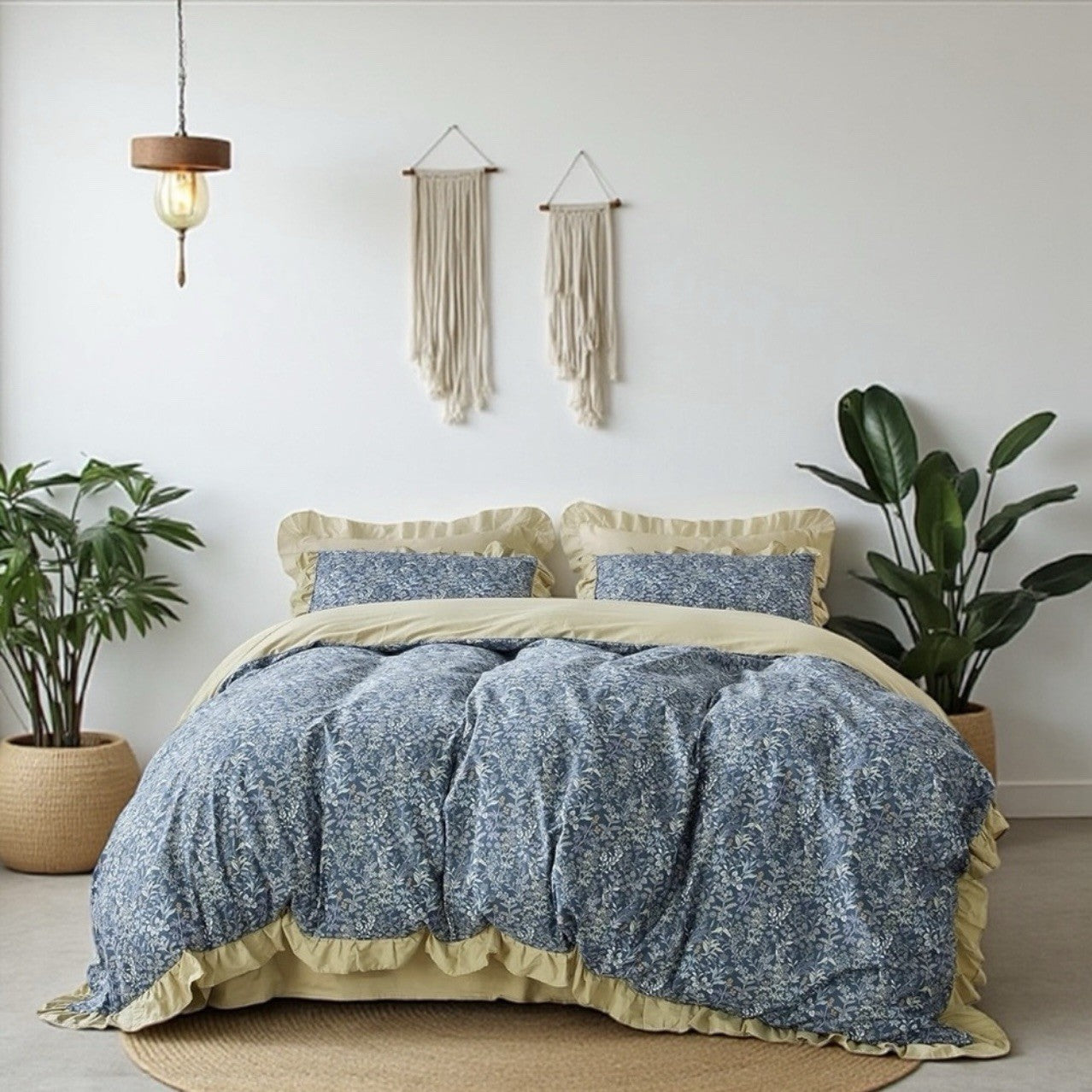 NEW Anthro Blue Yellow Floral Boho Ruffle Queen King Size Bedding Duvet Sham Set