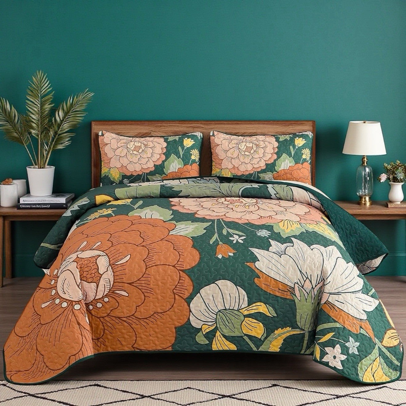 NEW Anthro Large Floral Print Multicolor Boho Queen King Bedding Quilt Sham Set