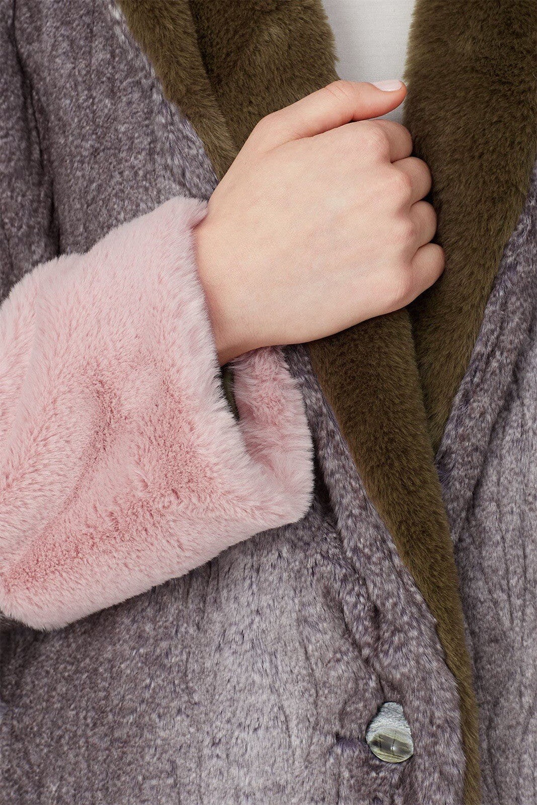 Anthropologie Hutch Grey Green Pink Long Faux Fur Trench Coat Jacket Size Large