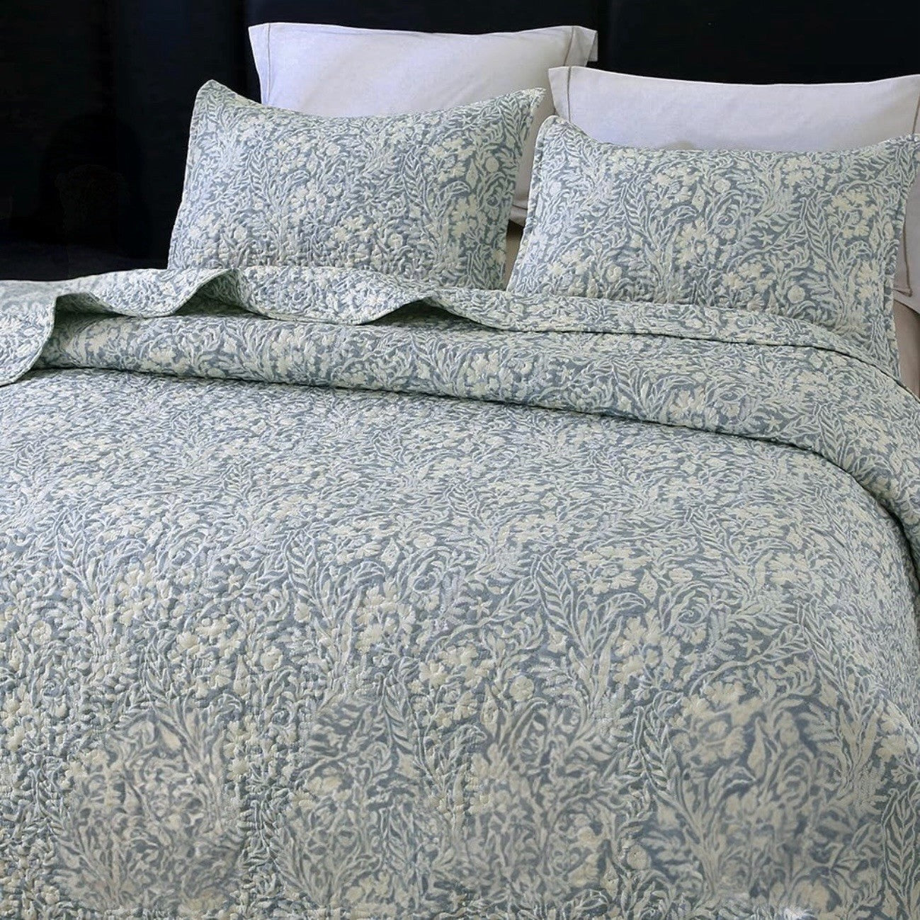NEW West Elm Blue Botanical Boho Print Queen / King Bedding Quilt & Sham Set