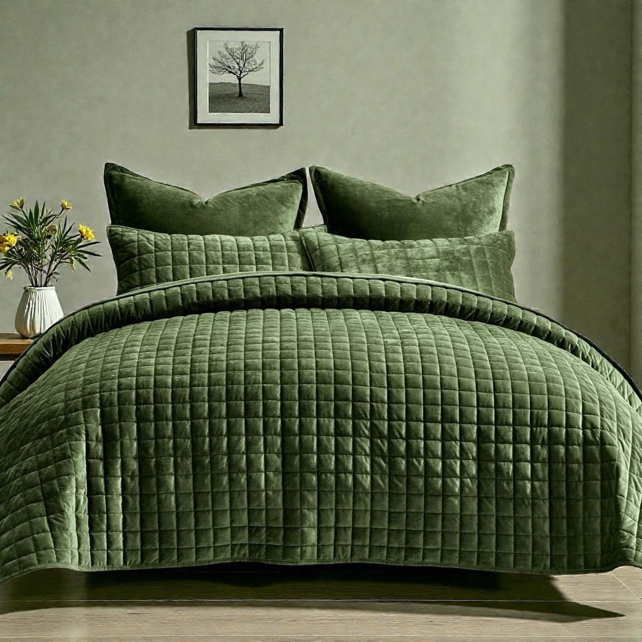 NEW West Elm Green Velvet Luxury Queen / King Size Bedding Comforter & Sham Set