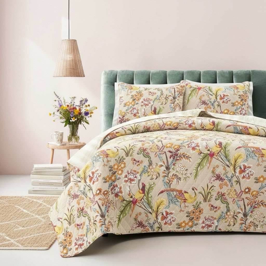NEW Anthropologie Queen / King Cotton Boho Bird Quilt Bedspread Bedding Sham Set