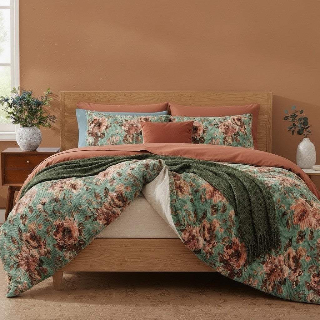 NEW Anthro 7 Piece Green Velvet Boho Queen / King Bedding Comforter & Sham Set