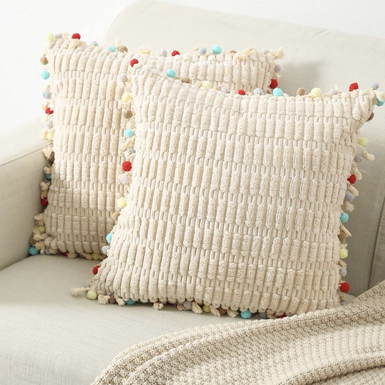 NEW Anthropologie (Set 2) Boho Tassel Pom Pom Throw Pillow Case Sham 24" x 24"