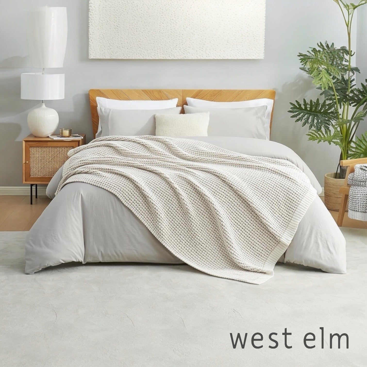 NEW West Elm Beige Woven Waffle Knit Cotton Boho Cozy Throw Blanket - 60" x 80"