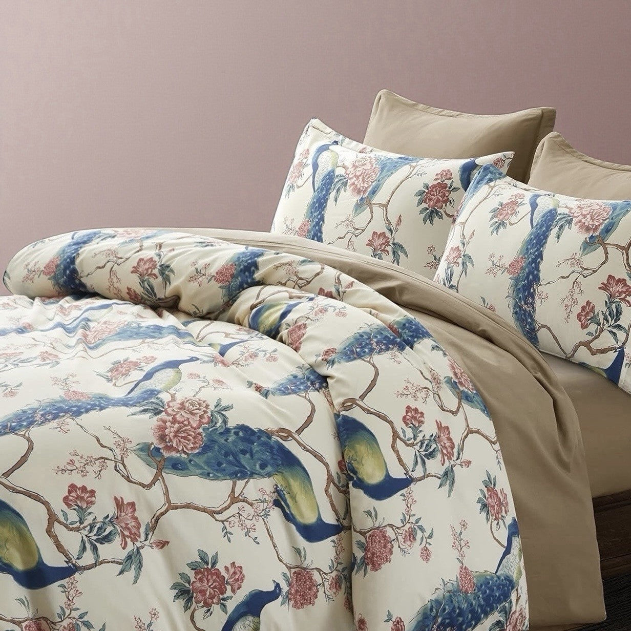 NEW Anthropologie Peacock Print Cotton Boho King Floral Bedding Duvet & Sham Set