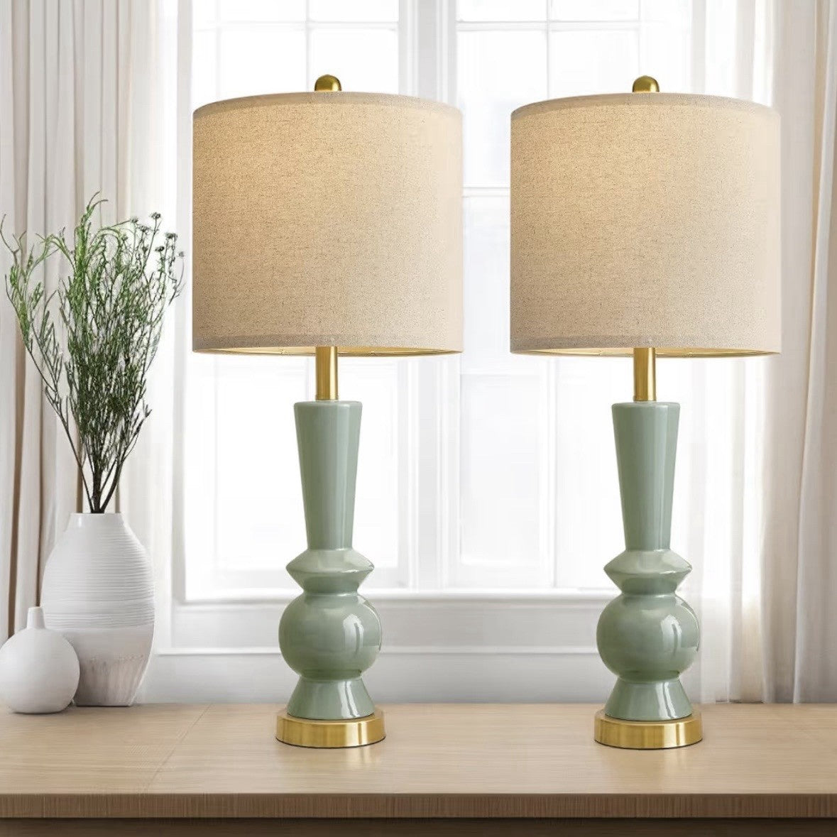 NEW Anthropologie Set of 2 Sage Green Gold Ceramic Boho Table Lamps Lighting 27"