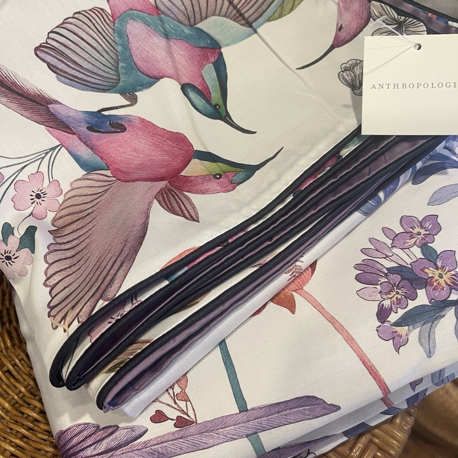 NEW Anthro Purple Floral Bird Boho Cotton Queen / King Bedding Duvet & Sham Set