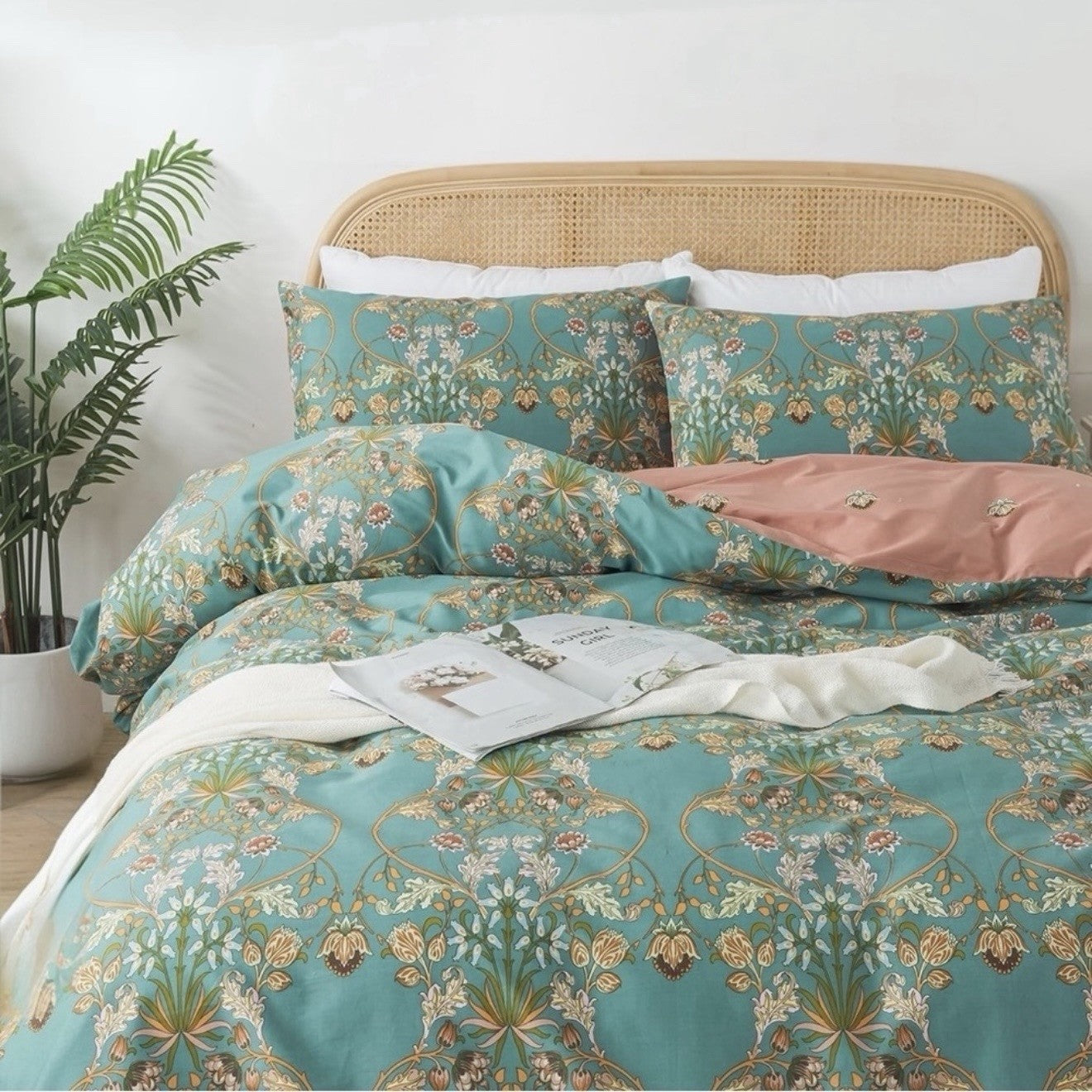 NEW Anthro Teal Reversible Cotton Floral Queen King Boho Duvet Bedding Sham Set
