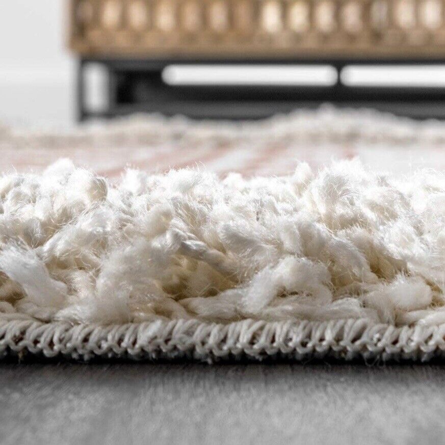 NEW Anthropologie White Red Boho Tassel Geometric Shag Area Rug Carpet - 5' x 7'