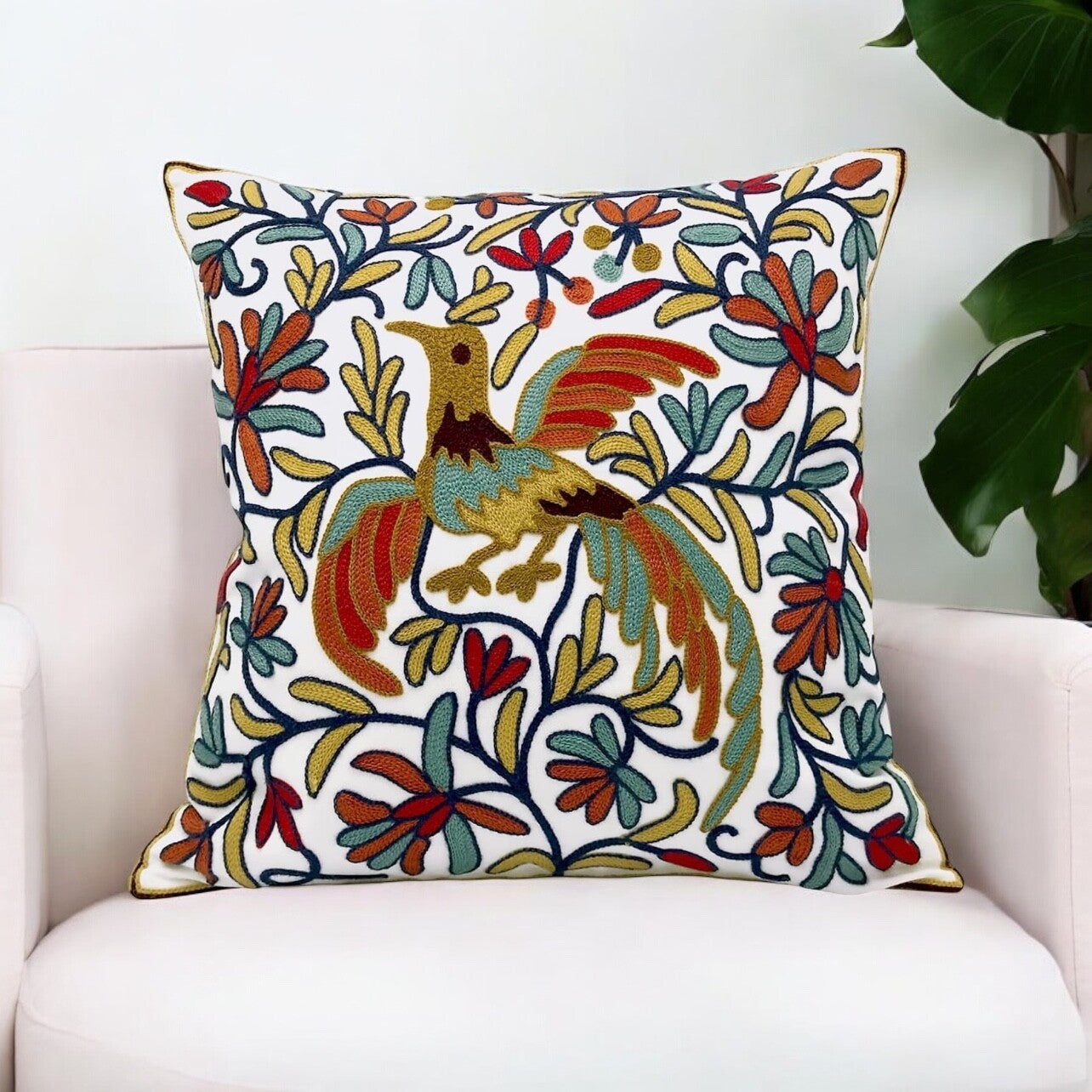 NEW Anthropologie Boho Floral Embroidered Throw Pillow Cover Case Sham 18" x 18"