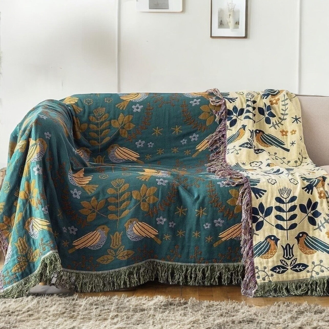 NEW XL Teal Reversible Boho Bird Tassel Throw Blanket Bedspread Quilt 80 x 60