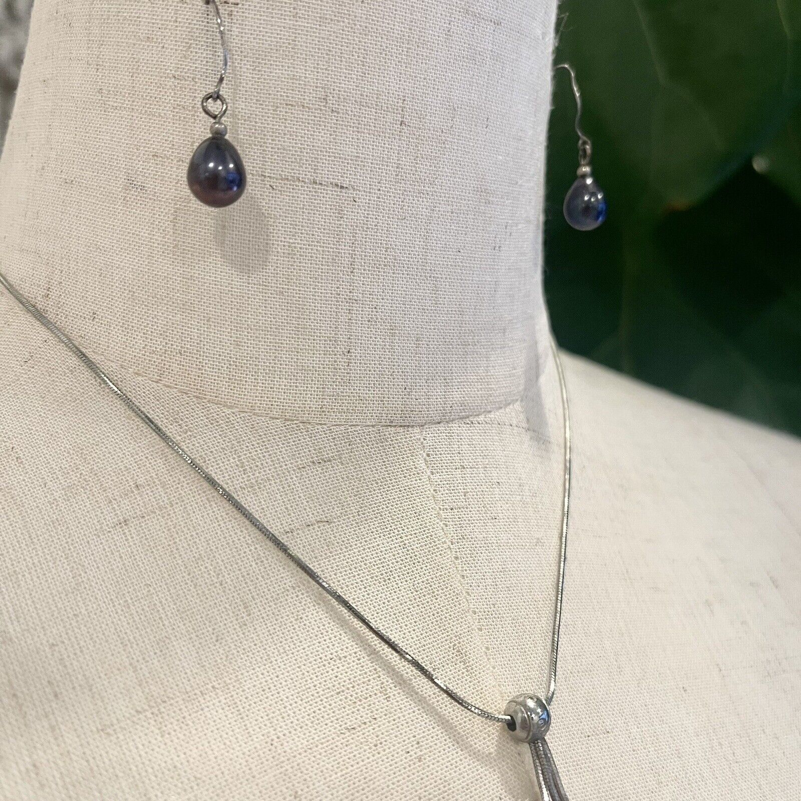 Authentic Freshwater Black Pearl Necklace, Earrings & Silver Ring Jewelry Set
