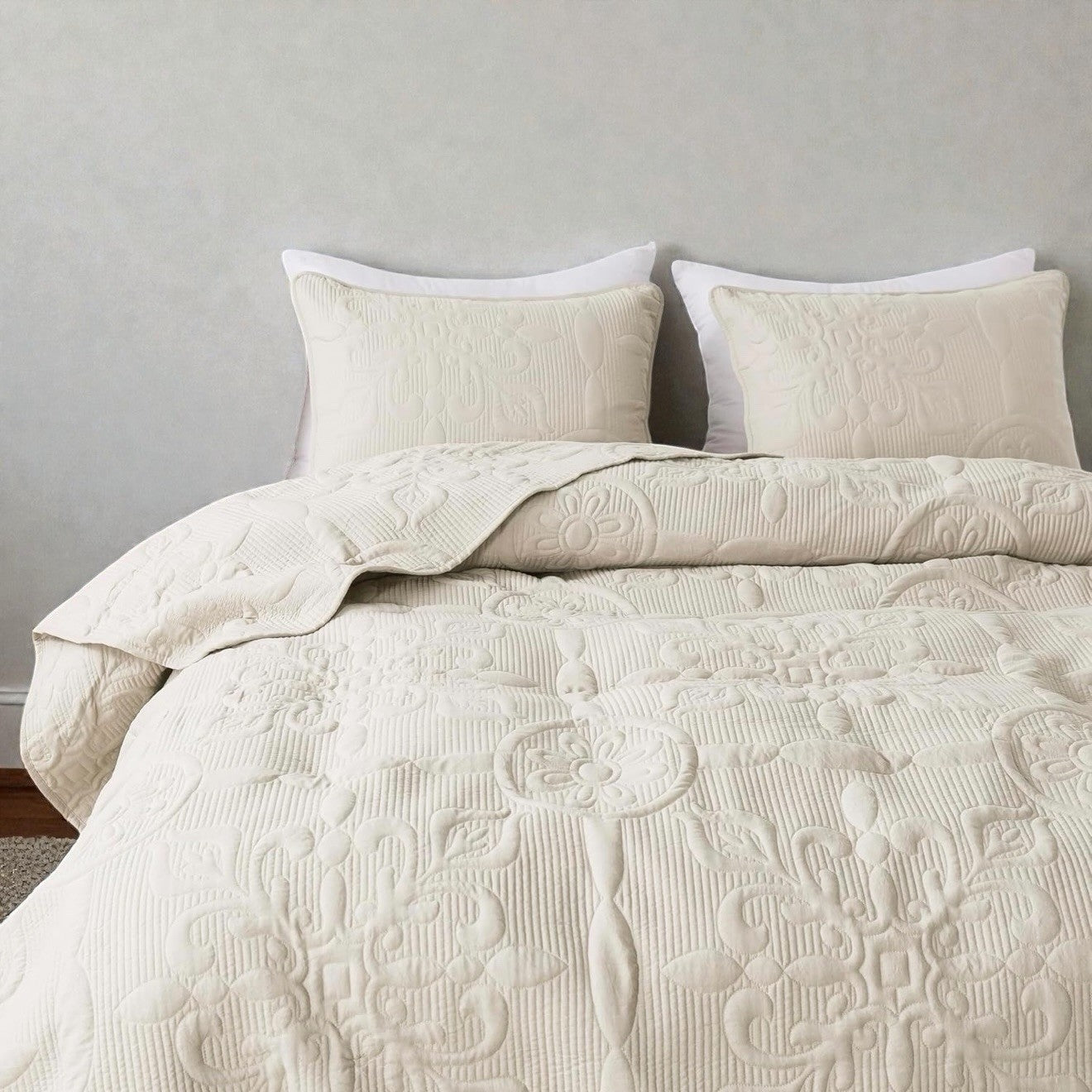 NEW Anthro White Cream Boho Jacquard Retro Queen / King Bedding Quilt & Sham Set