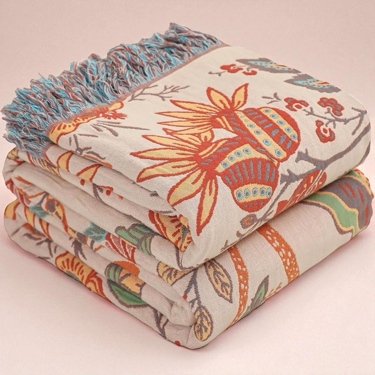 NEW XL Coral & Green Reversible Boho Fringe Blanket Bedspread Quilt - 80" x 90"