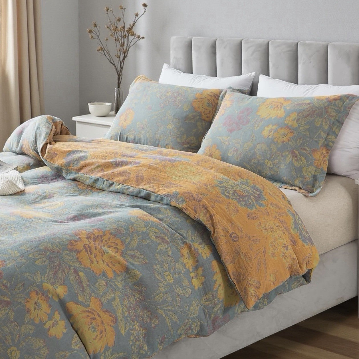 NEW Anthropologie Blue Orange Floral Cotton Queen / King Bedding Duvet Sham Set