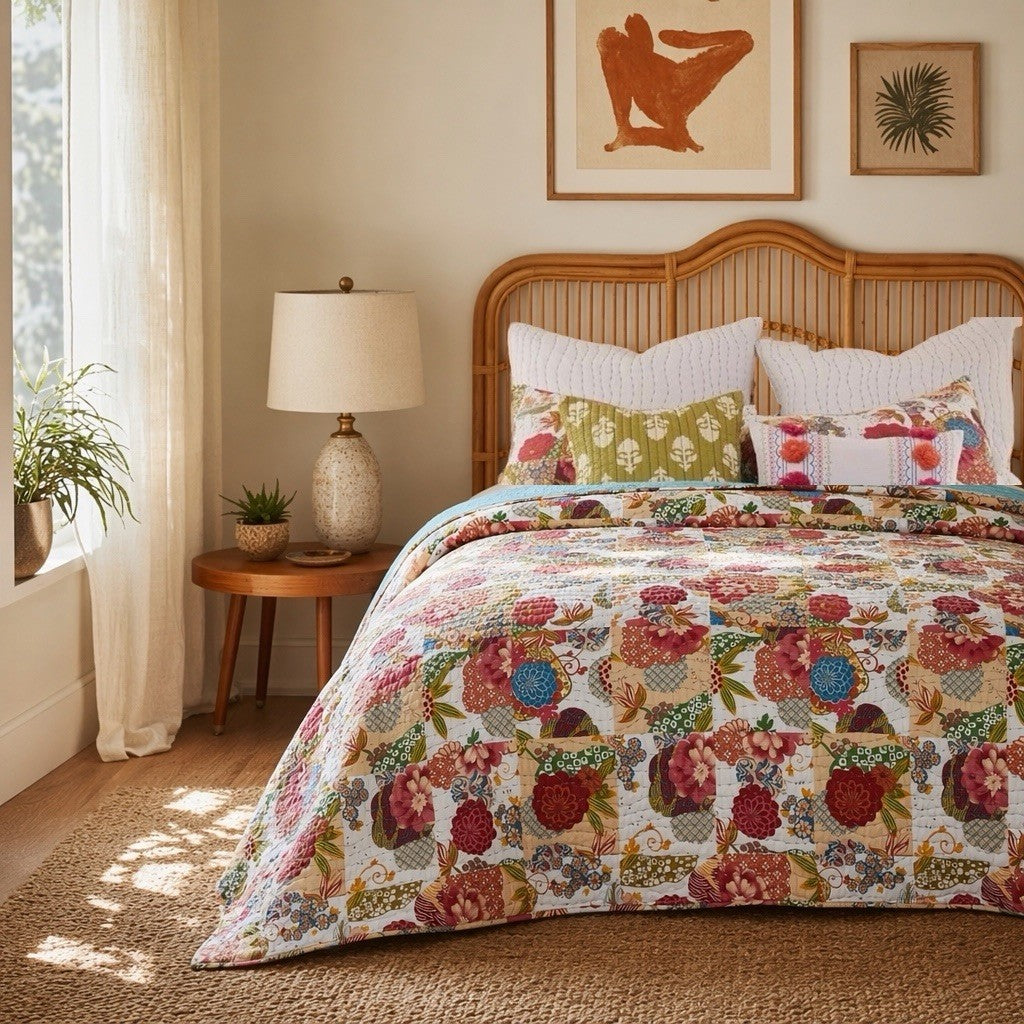 NEW Anthropologie Red White Floral Boho King Quilt Bedspread Bedding & Sham Set