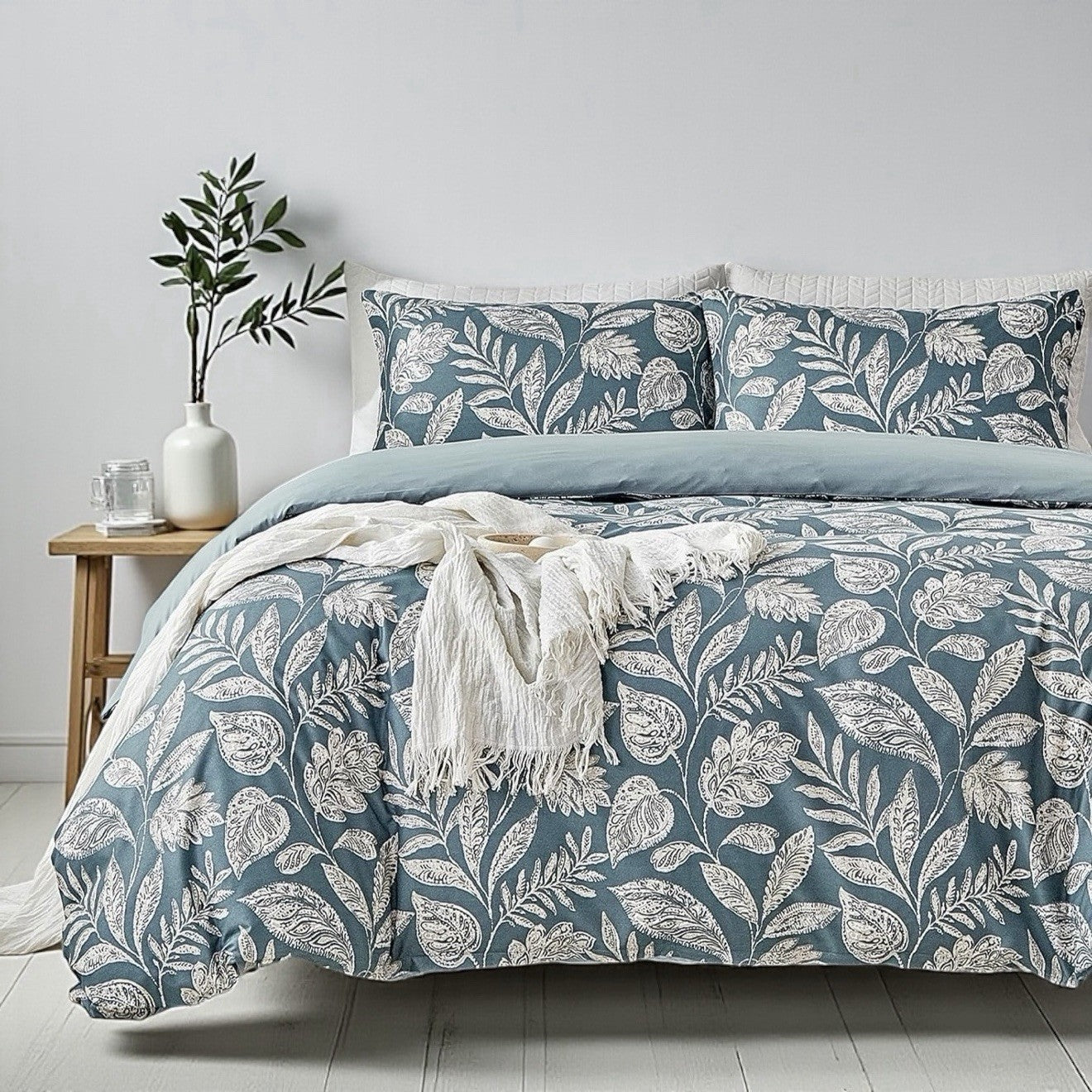 NEW Anthro Teal Blue Floral Botanical Boho Queen / King Bedding Duvet & Sham Set