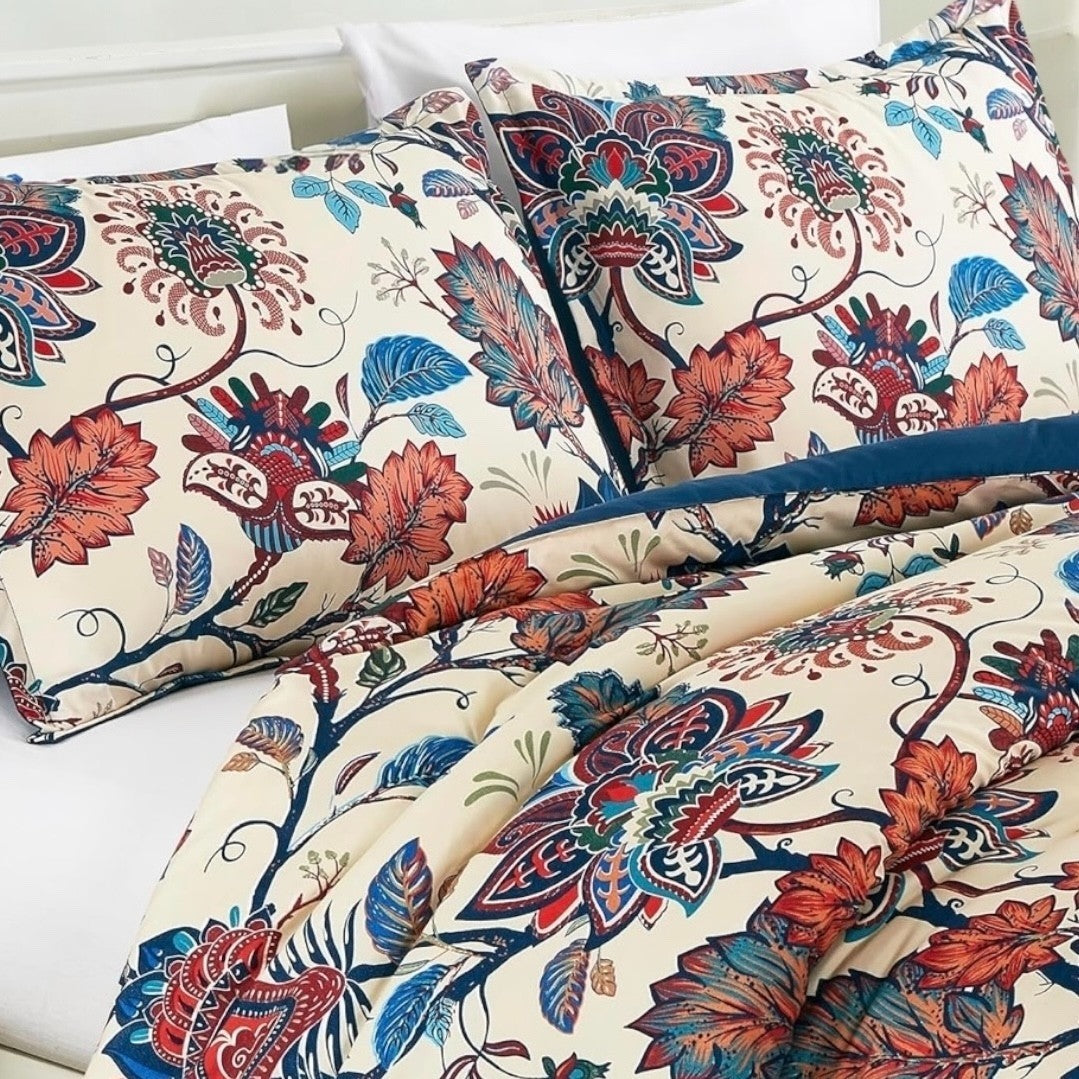 NEW Anthropologie Red Blue Floral Queen / King Boho Comforter Bedding & Sham Set