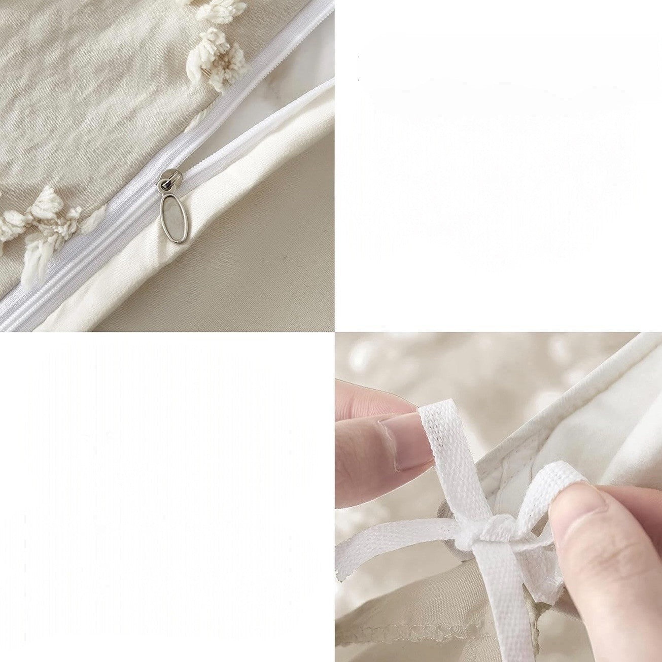 NEW Anthro Beige Cream Boho Queen / King Size Tufted Fringe Bedding Duvet & Sham