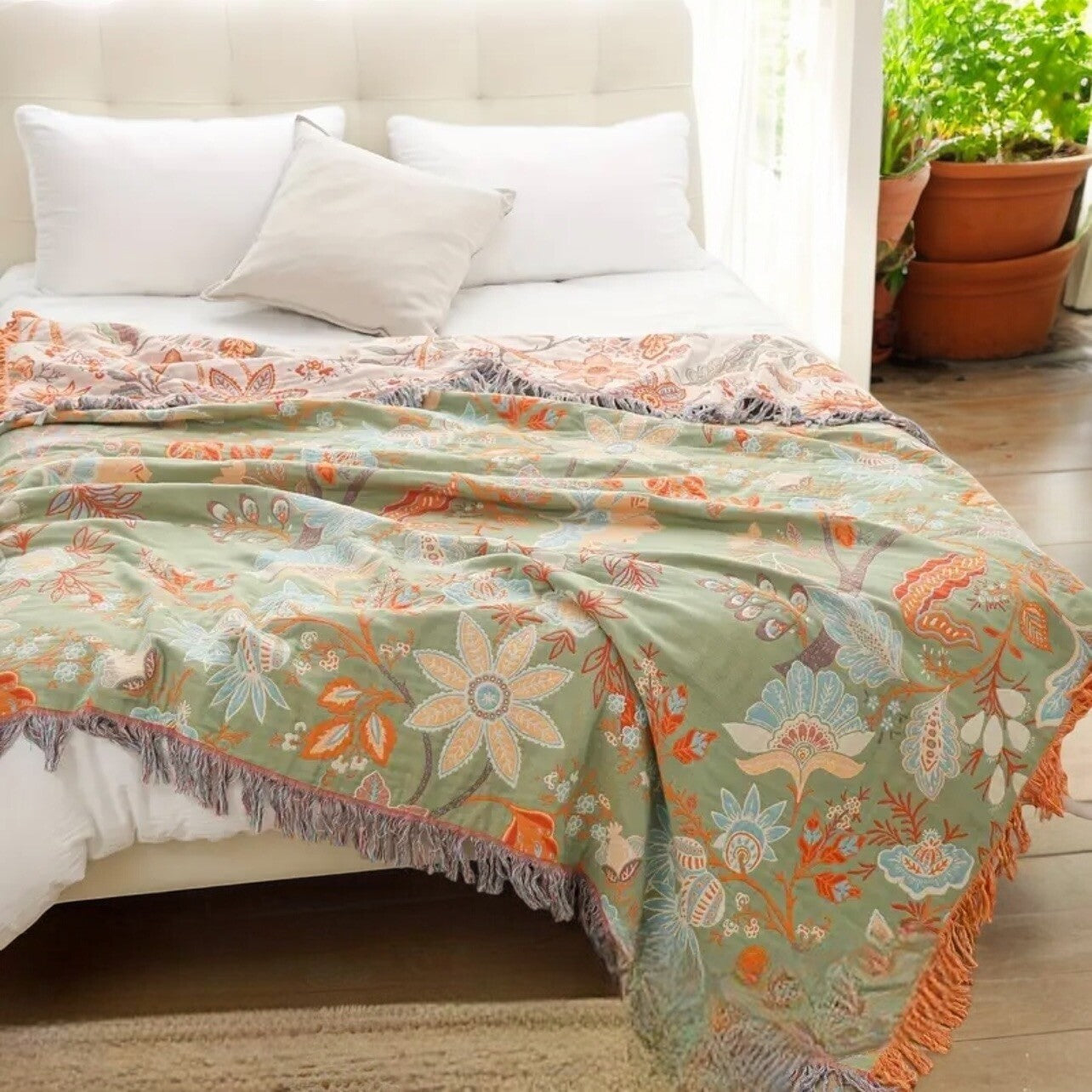 NEW Anthro XL Reversible Green Tassel Throw Blanket Bedspread Quilt - 80" x 90"