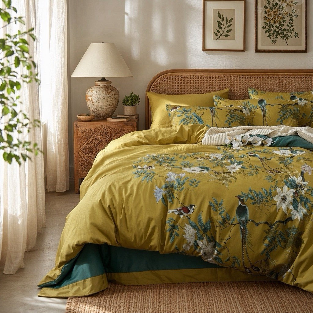 NEW Anthropologie Yellow Boho King Bird Cotton Bedding Duvet & Floral Sham Set