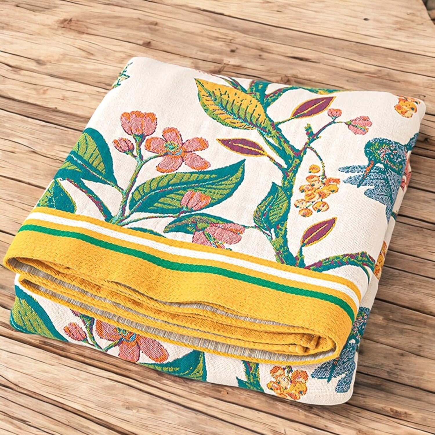 NEW Anthro XL Boho Bird Orange Blue Throw Blanket Bedspread Quilt 80" x 90"