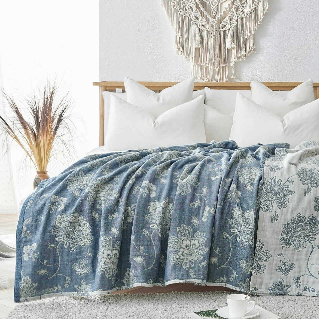 NEW Anthropologie Boho Floral Muslin Reversible Throw Blanket Quilt 60" x 80"