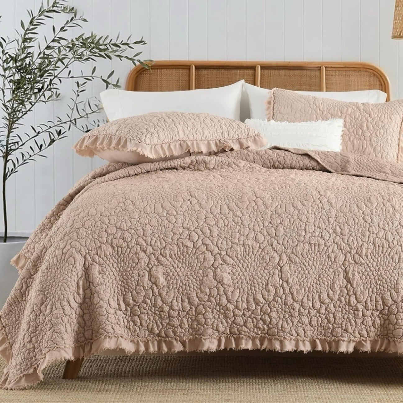 NEW Anthro Dusty Pink Boho Ruffle Crinkle Queen / King Bedding Quilt & Sham Set