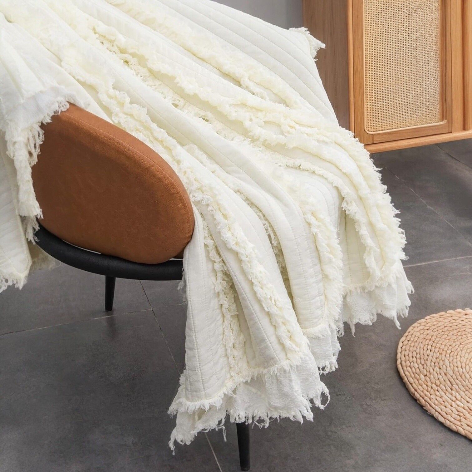 NEW West Elm Boho White Quilted Ruffle Knit Throw Blanket Bedding - 60" x 80"