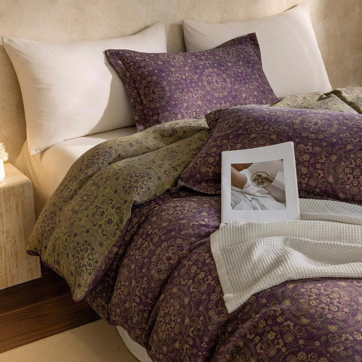 NEW West Elm Purple Muslin 100% Cotton Boho Queen King Bedding Duvet & Sham Case