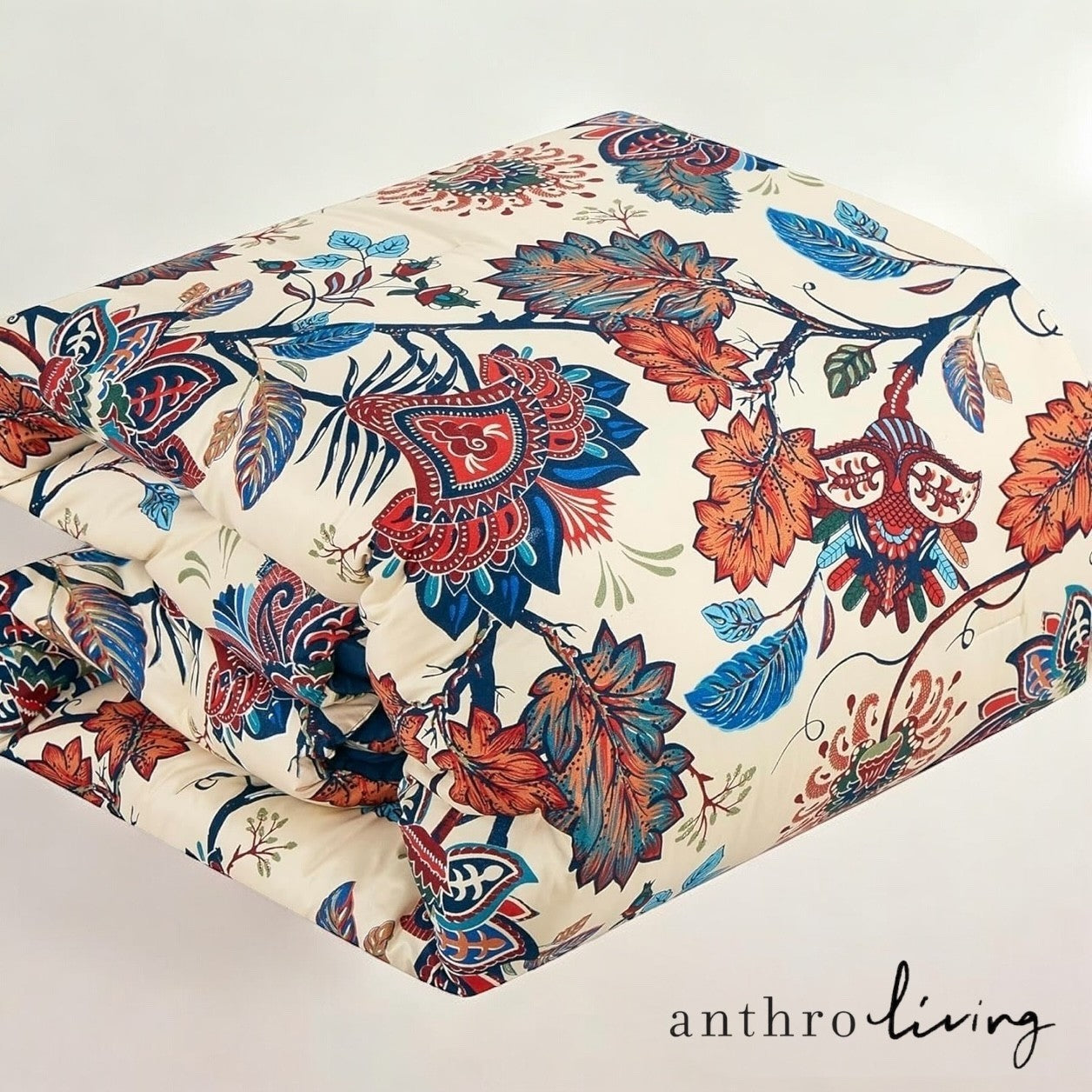 NEW Anthropologie Red Blue Floral Queen / King Boho Comforter Bedding & Sham Set