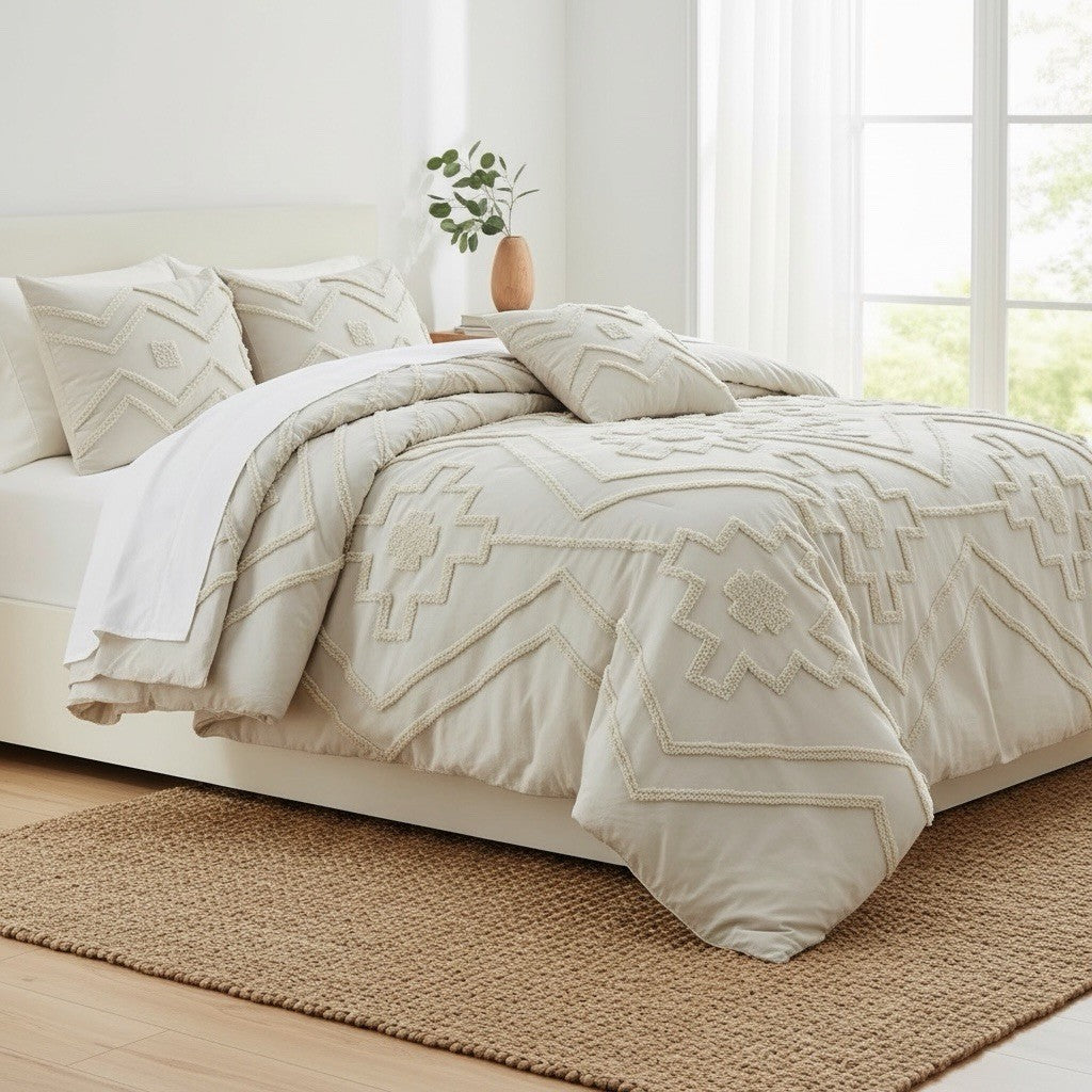 NEW Anthropologie Cream Boho Queen Tassel Comforter Blanket Bedding & Sham Set