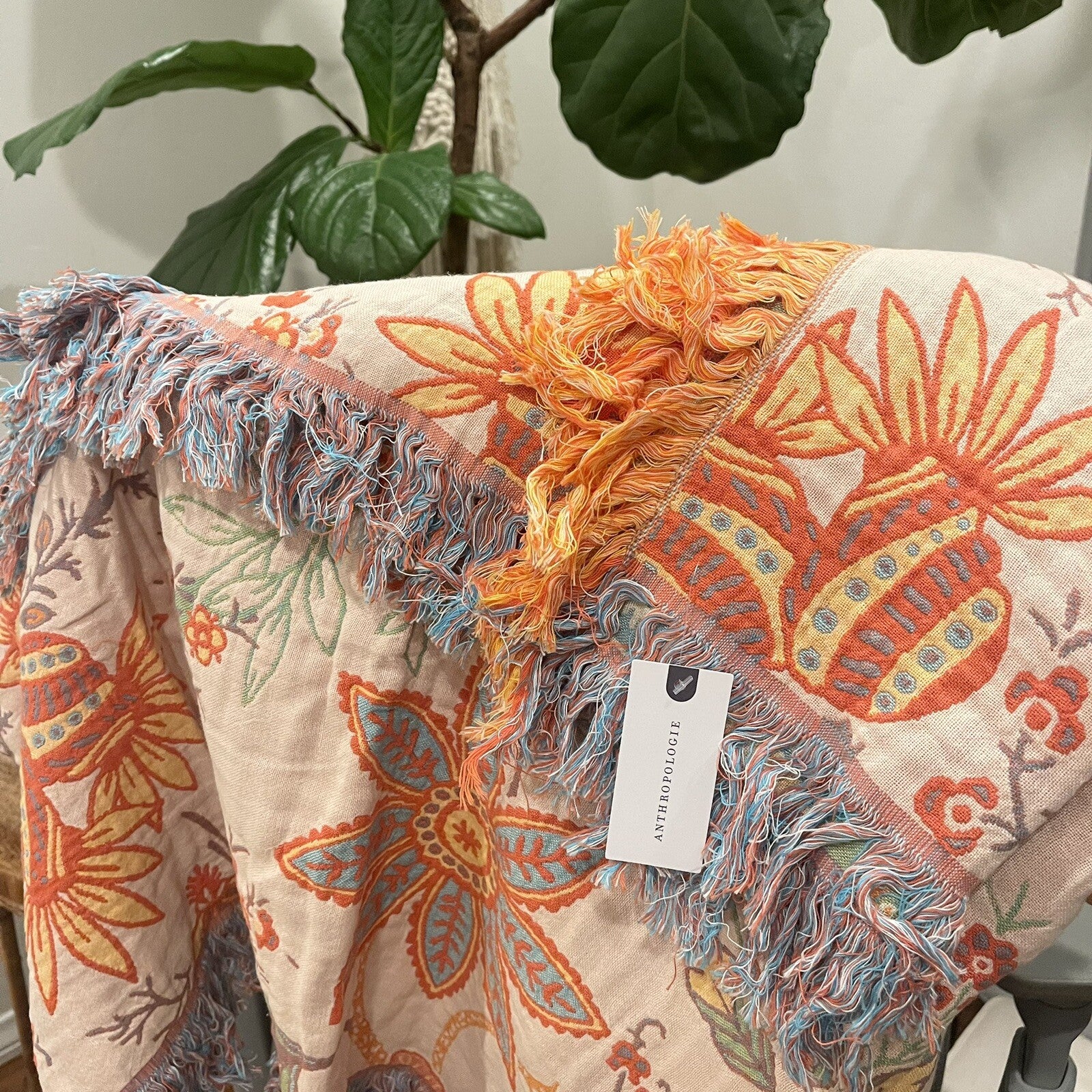 NEW Anthro XL Reversible Green Tassel Throw Blanket Bedspread Quilt - 80" x 90"