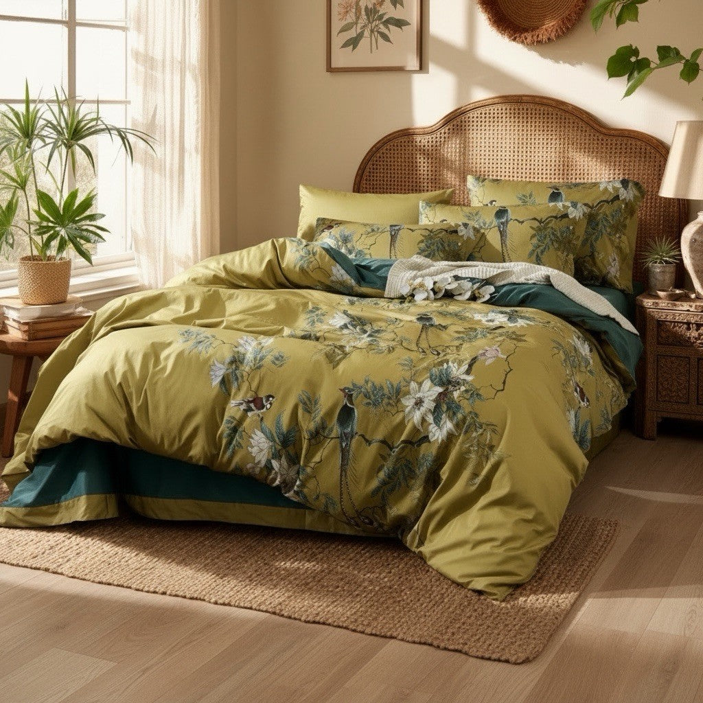 NEW Anthropologie Yellow Boho King Bird Cotton Bedding Duvet & Floral Sham Set
