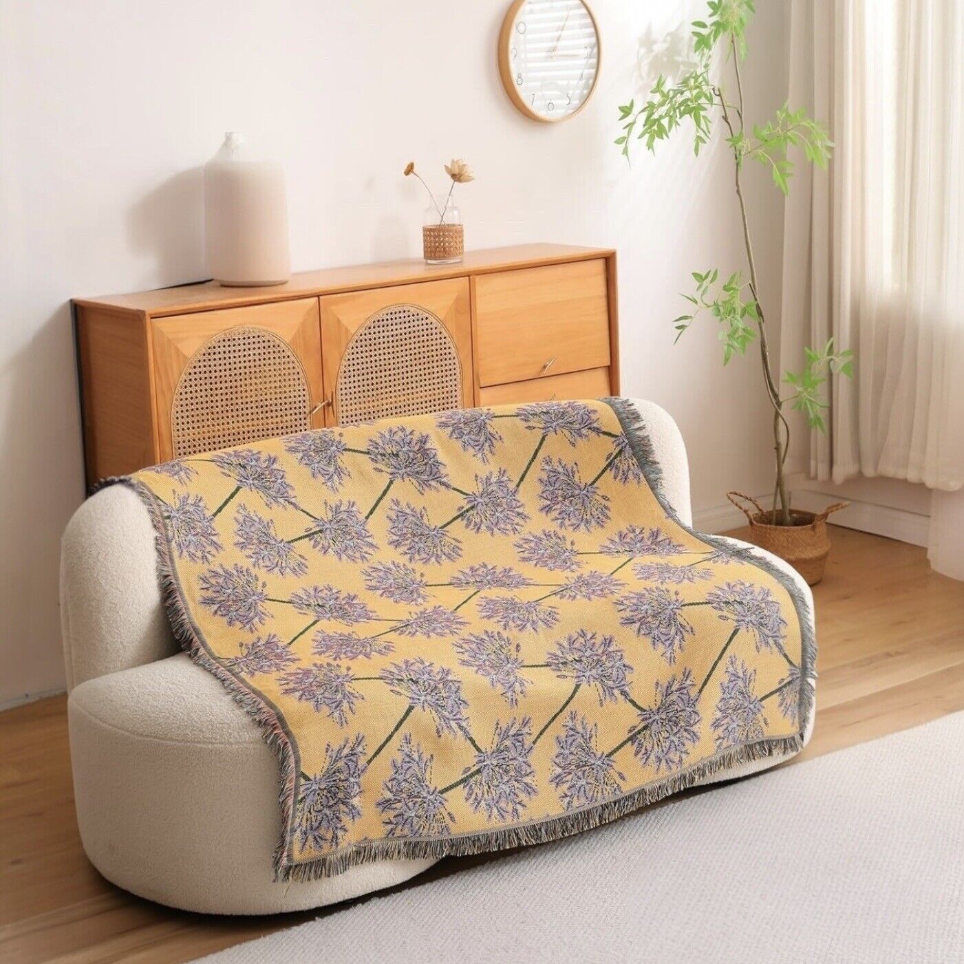 NEW Anthropologie Boho Yellow Floral Tassel Throw Blanket Bedspread - 50" x 70"
