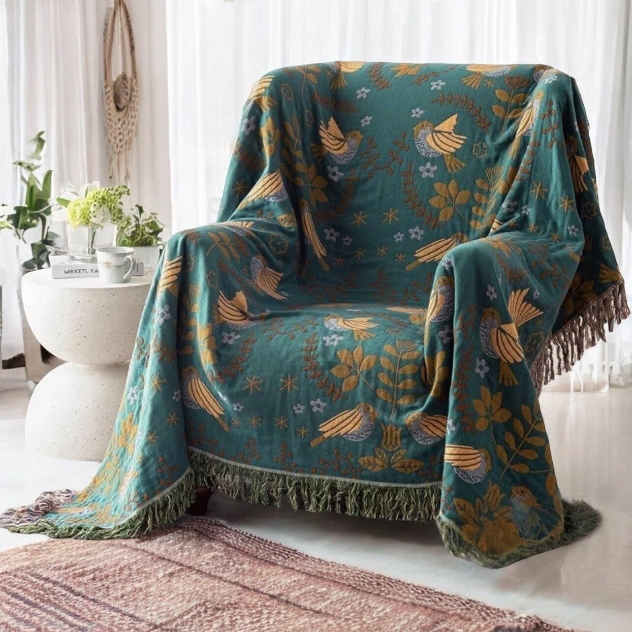 NEW XL Teal Reversible Boho Bird Tassel Throw Blanket Bedspread Quilt 80 x 60
