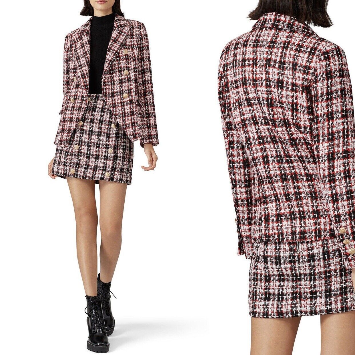 Free People / Lioness Red & Gold Tartan Palermo Blazer Jacket Coat - Size Large