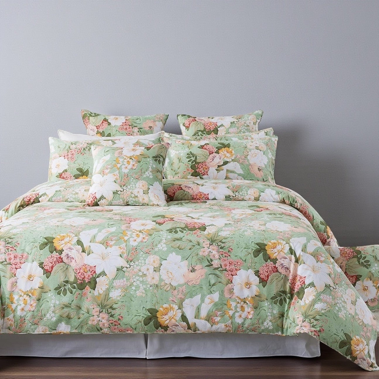 NEW Anthro Green Pink Floral Cotton Queen / King Cotton Bedding Duvet & Sham Set