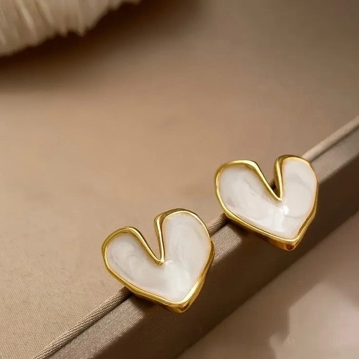 NEW Anthropologie White & Gold Plated Boho Heart Stud Abstract Earrings Jewelry