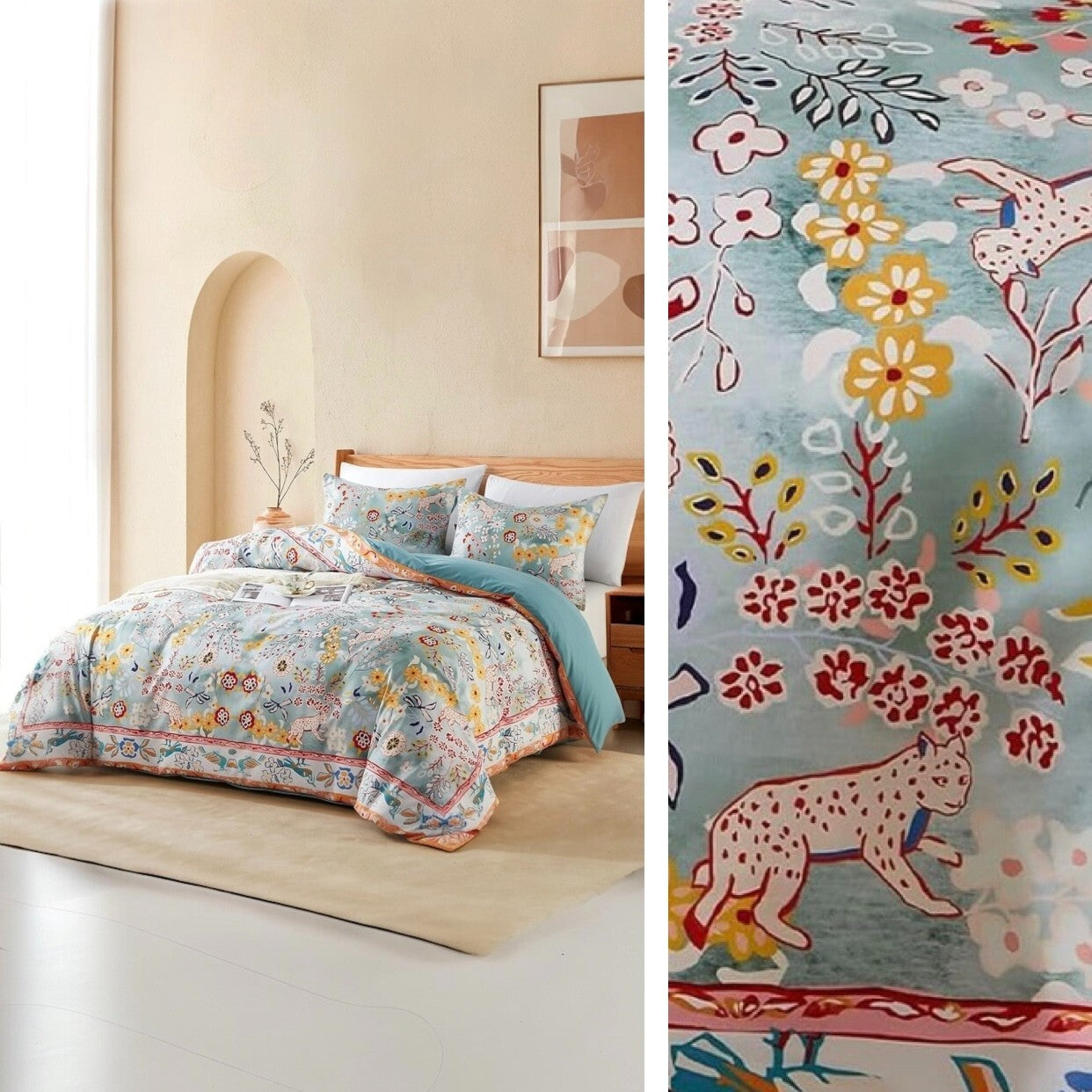 NEW Anthro Blue Jungle Multicolor Boho Queen / King Bedding Duvet & Sham Case