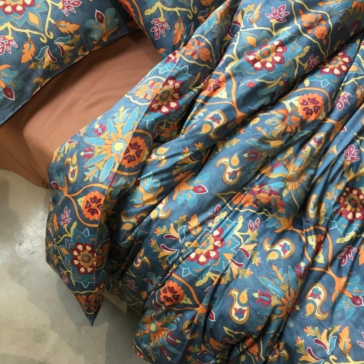 NEW Anthro Blue Damask Boho Queen King Egyptian Cotton Bedding Duvet & Sham Set