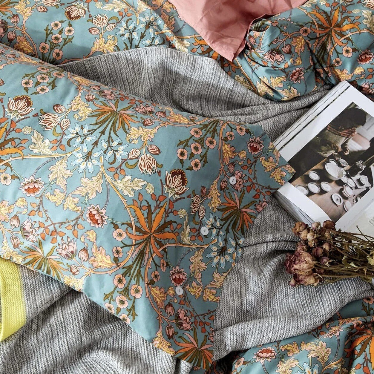 NEW Anthro Blue Orange Floral Boho Queen King Size Bedding Duvet Floral Sham Set