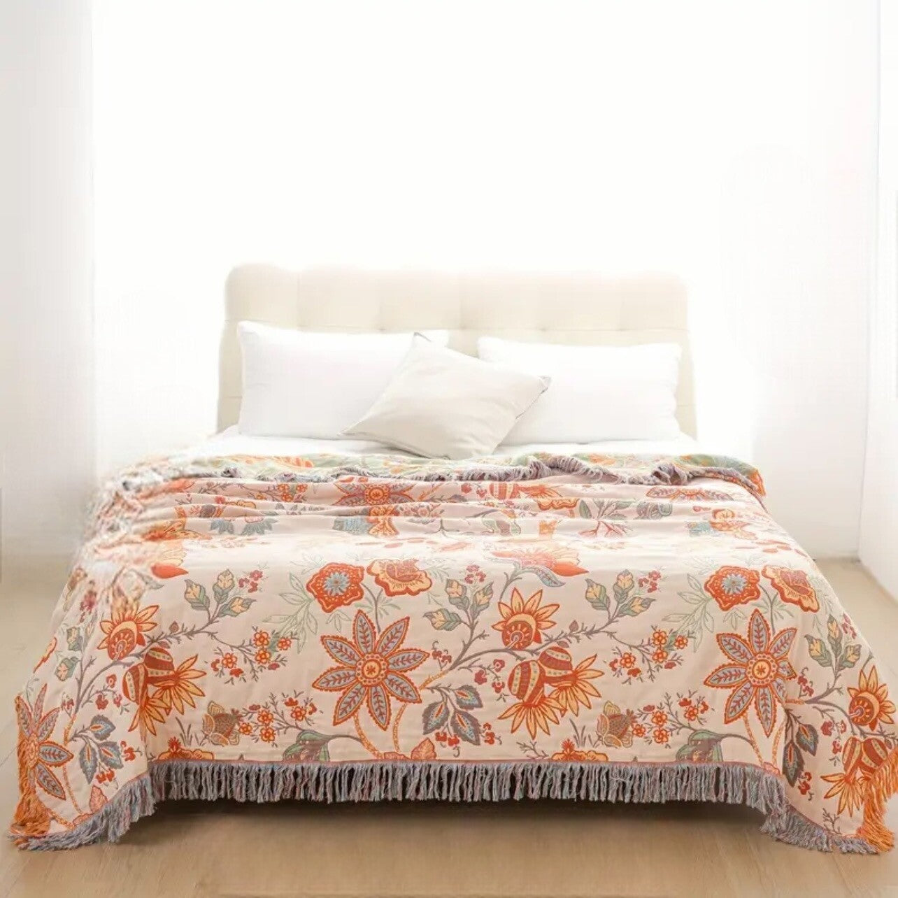 NEW Anthro XL Reversible Green Tassel Throw Blanket Bedspread Quilt - 80" x 90"