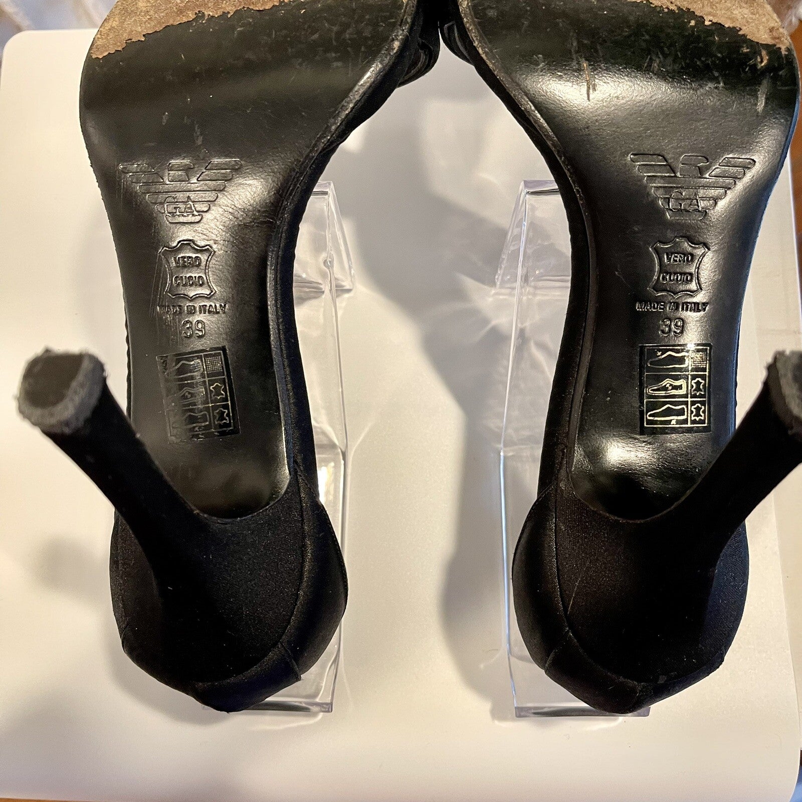 Emporio Armani Black Satin Strappy Stiletto Shoes High Heels | Size 39 / 8.5