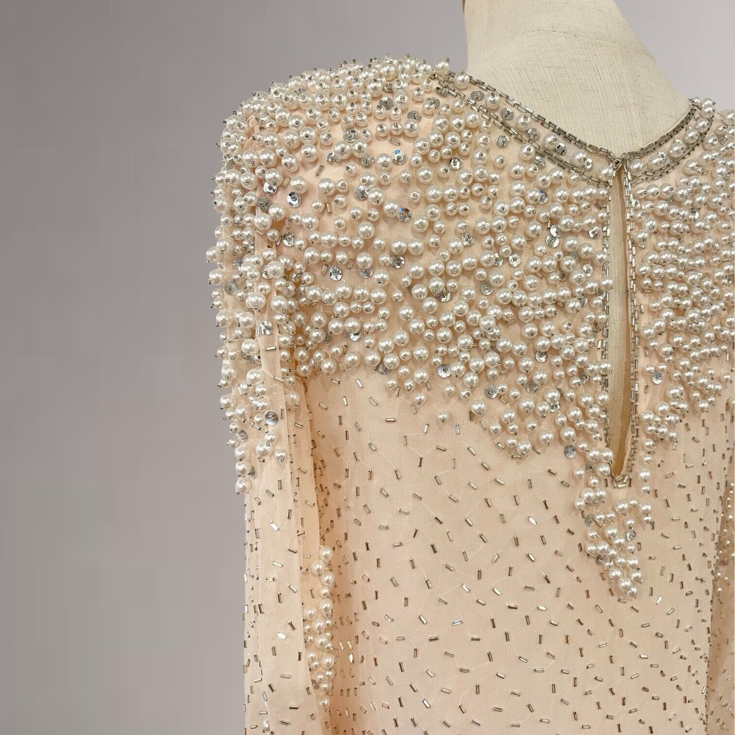 Vintage Lillie Rubin Cream Chiffon Pearl Beaded Tunic Dress Gown - Size Small