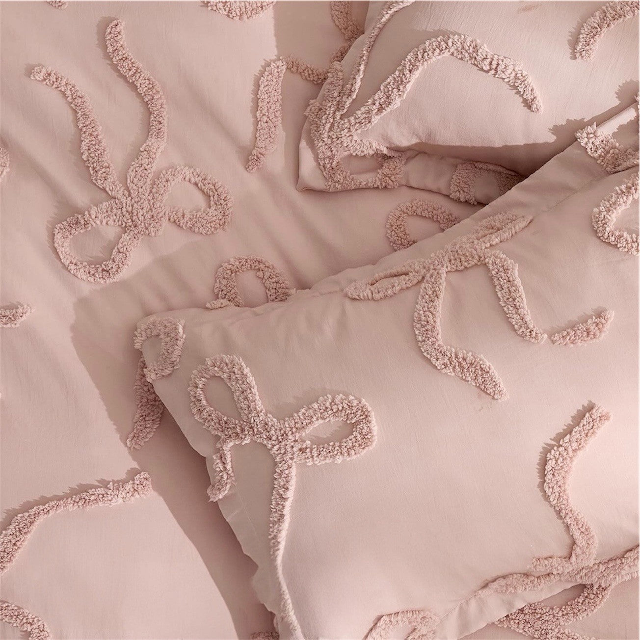 NEW Anthro Rose Pink Tufted Bow Boho Queen / King Size Bedding Duvet & Sham Set