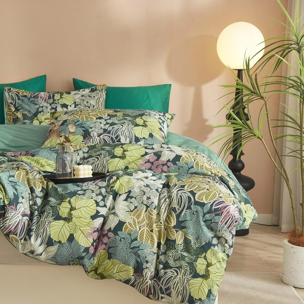 NEW Anthro Green Botanical Print Boho Queen King Size Bedding Duvet & Sham Set